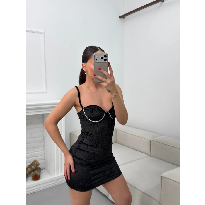 Bel Korse Kadife Elbise - SİYAH