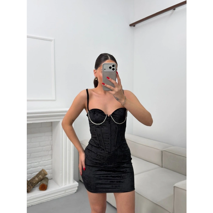 Bel Korse Kadife Elbise - SİYAH