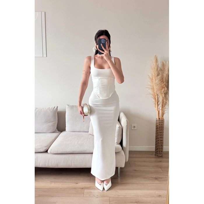 Bel Korse Kare Yaka Elbise - BEYAZ