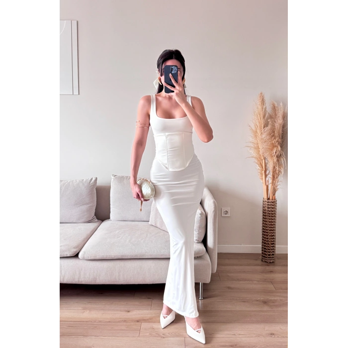 Bel Korse Kare Yaka Elbise - BEYAZ