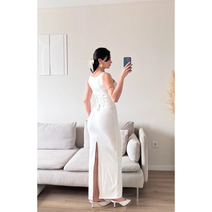 Bel Korse Kare Yaka Elbise - BEYAZ