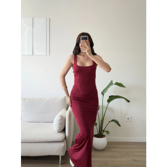 Bel Korse Kare Yaka Elbise - BORDO