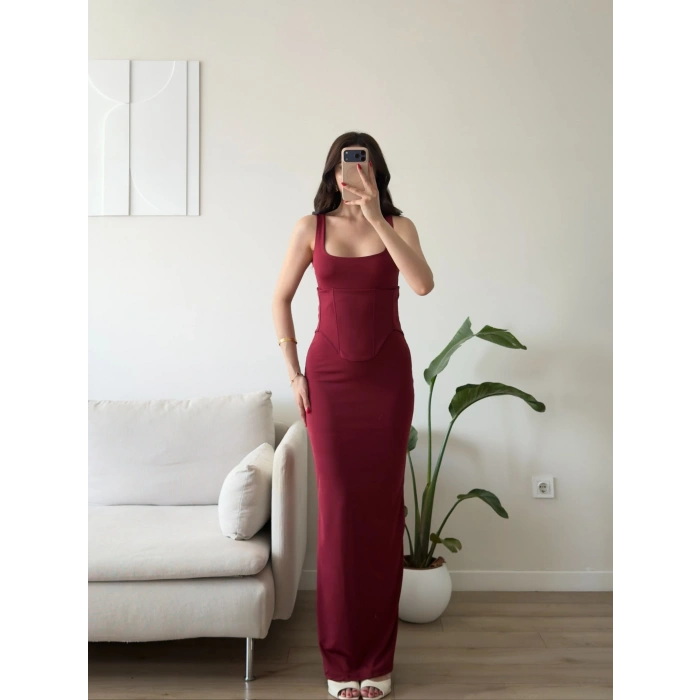Bel Korse Kare Yaka Elbise - BORDO