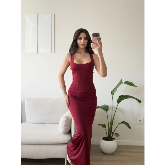 Bel Korse Kare Yaka Elbise - BORDO
