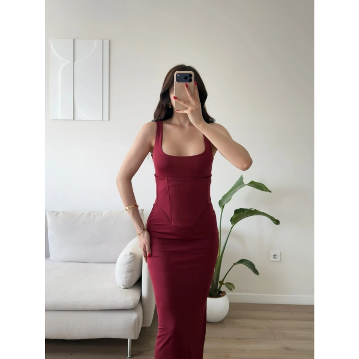 Bel Korse Kare Yaka Elbise - BORDO