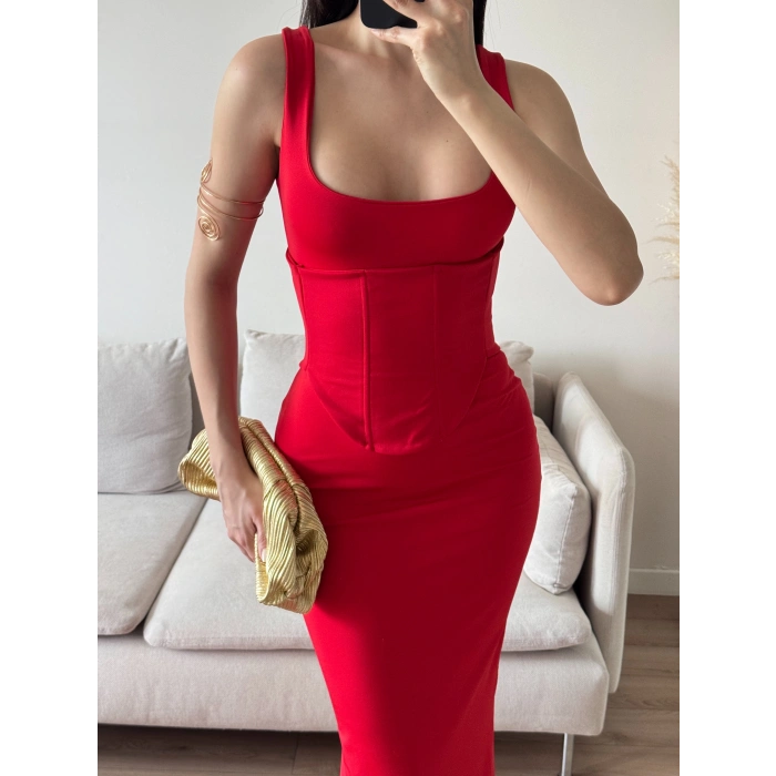 Bel Korse Kare Yaka Elbise - KIRMIZI