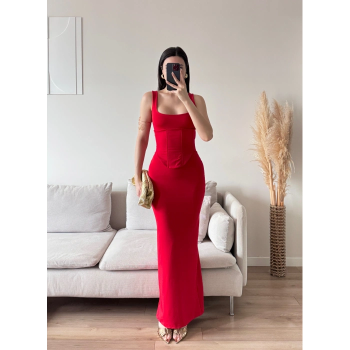 Bel Korse Kare Yaka Elbise - KIRMIZI