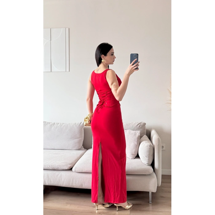 Bel Korse Kare Yaka Elbise - KIRMIZI