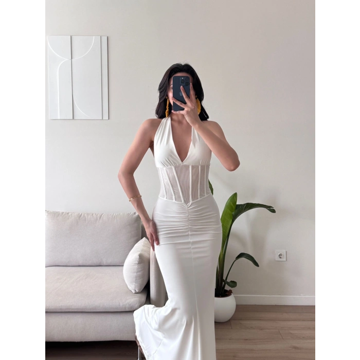 Bel Korse Maxi Elbise - BEYAZ