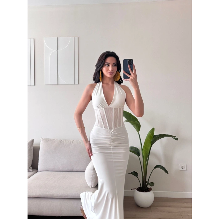 Bel Korse Maxi Elbise - BEYAZ