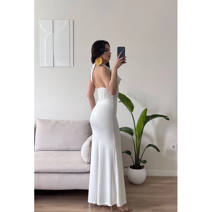 Bel Korse Maxi Elbise - BEYAZ
