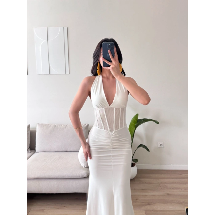 Bel Korse Maxi Elbise - BEYAZ