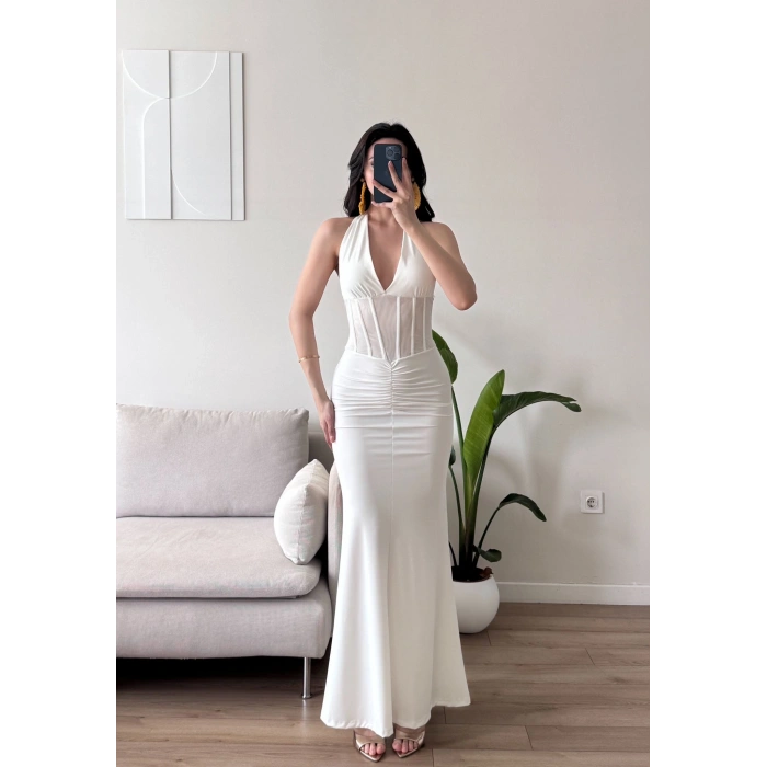 Bel Korse Maxi Elbise - BEYAZ