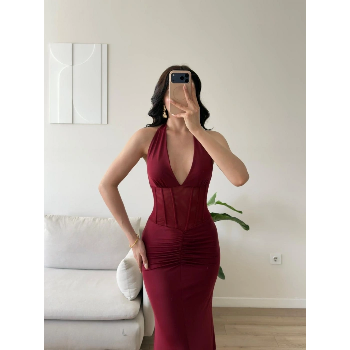 Bel Korse Maxi Elbise - BORDO