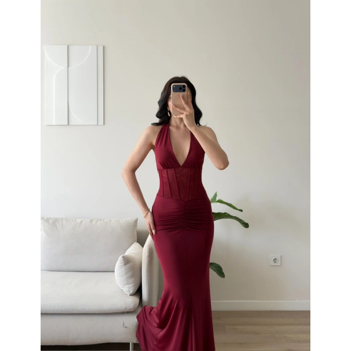 Bel Korse Maxi Elbise - BORDO