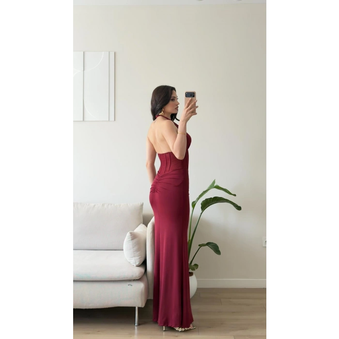 Bel Korse Maxi Elbise - BORDO