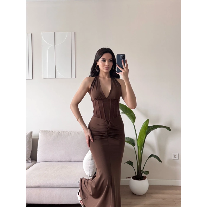 Bel Korse Maxi Elbise - KAHVE