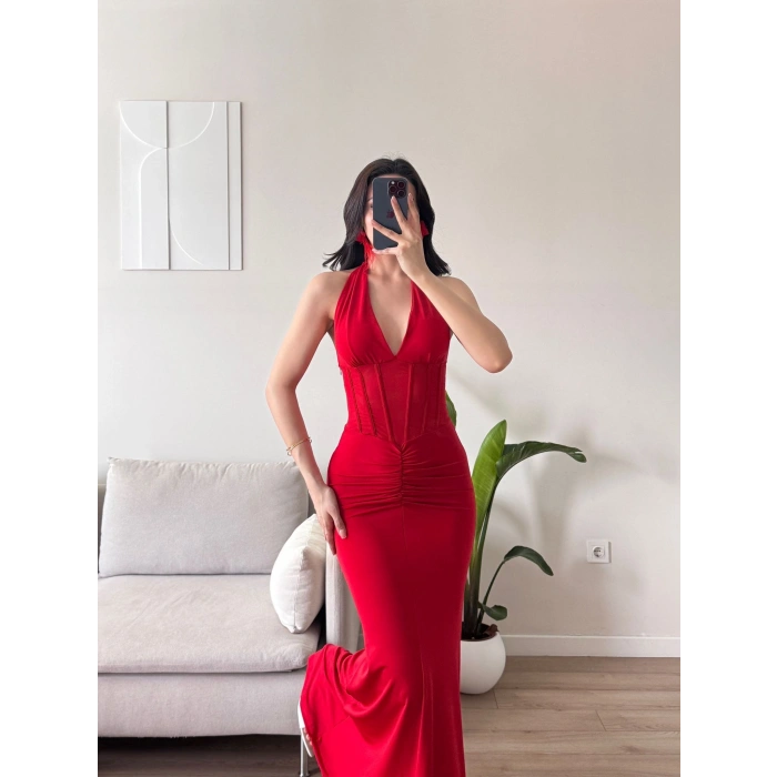 Bel Korse Maxi Elbise - KIRMIZI