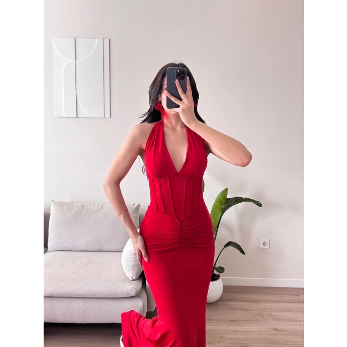 Bel Korse Maxi Elbise - KIRMIZI