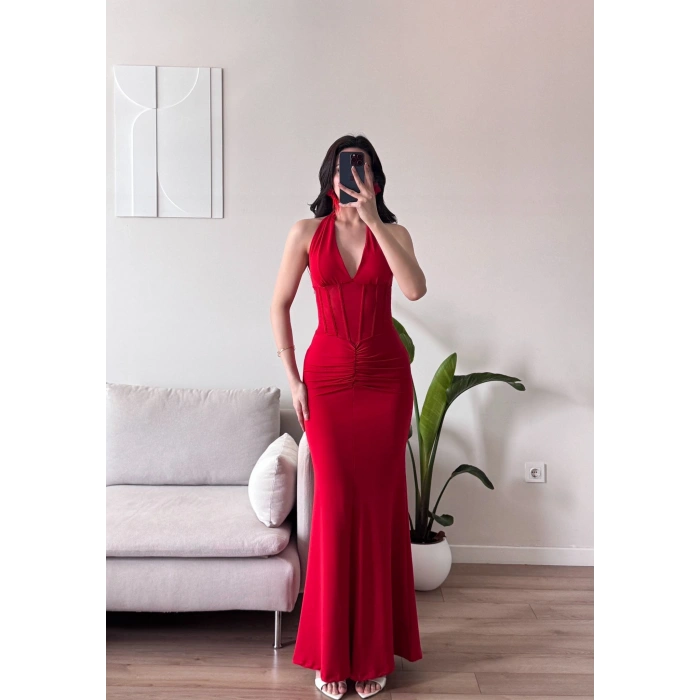 Bel Korse Maxi Elbise - KIRMIZI
