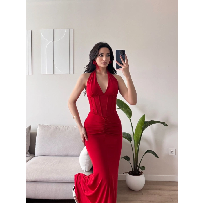 Bel Korse Maxi Elbise - KIRMIZI