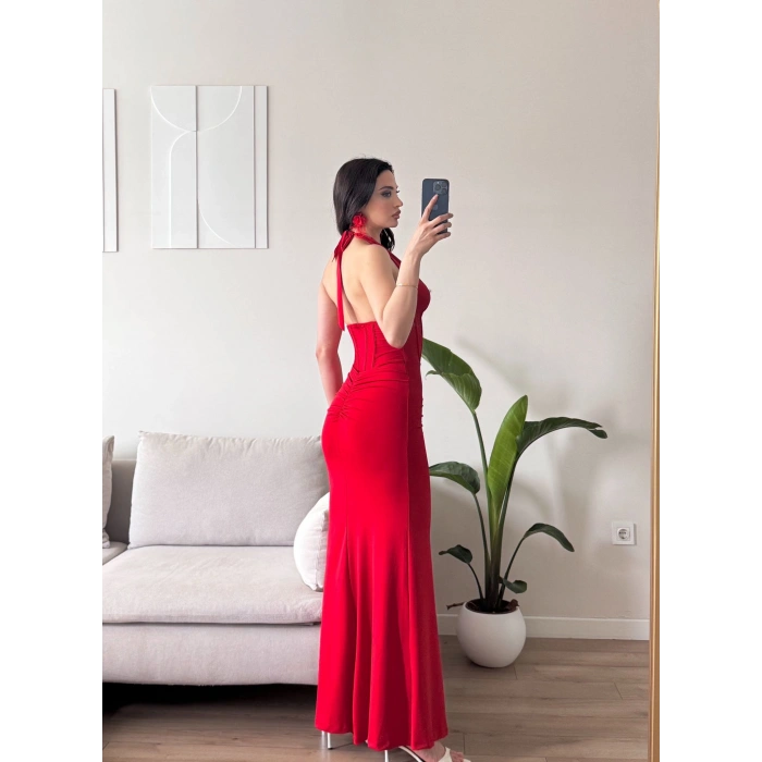 Bel Korse Maxi Elbise - KIRMIZI