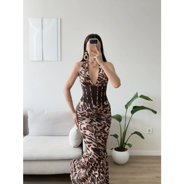 Bel Korse Maxi Elbise - LEOPAR