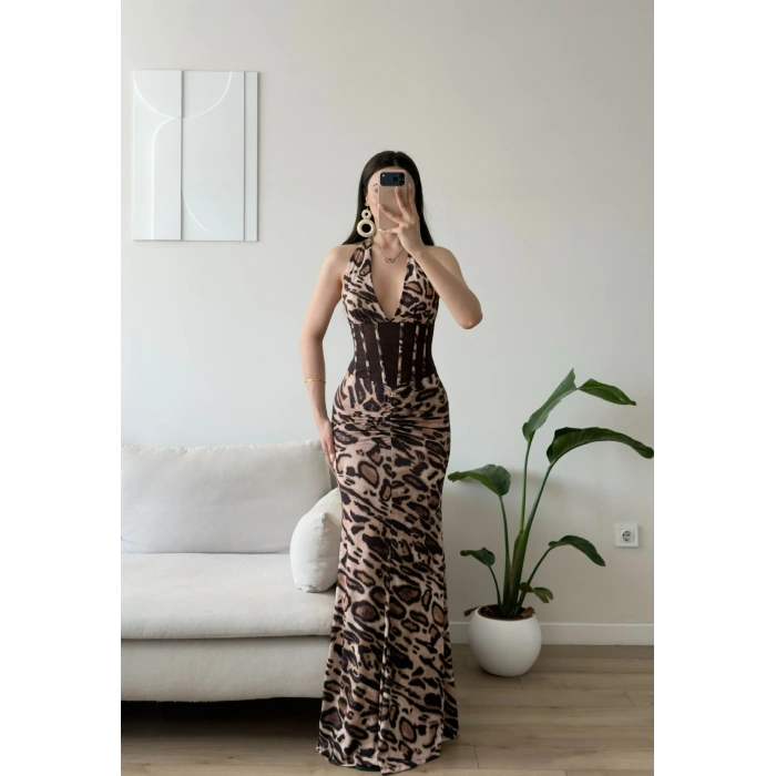 Bel Korse Maxi Elbise - LEOPAR