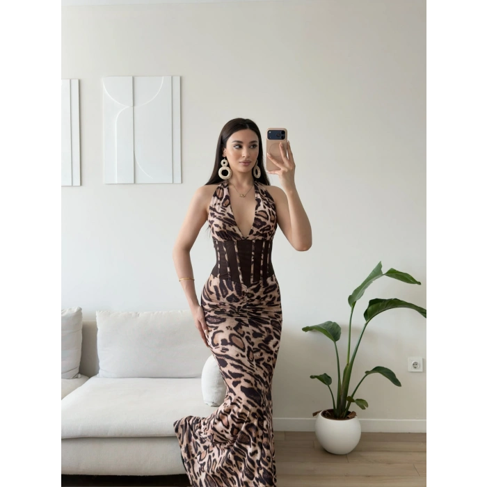 Bel Korse Maxi Elbise - LEOPAR