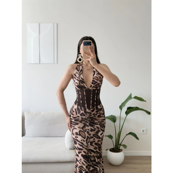 Bel Korse Maxi Elbise - LEOPAR