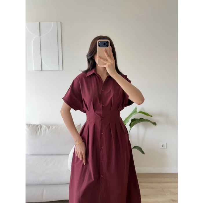 Bel Korse Pileli Gömlek Elbise - BORDO
