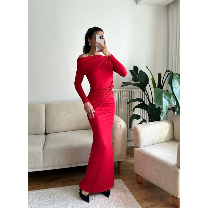 Bel Kruvaze Kayık Yaka Elbise - KIRMIZI