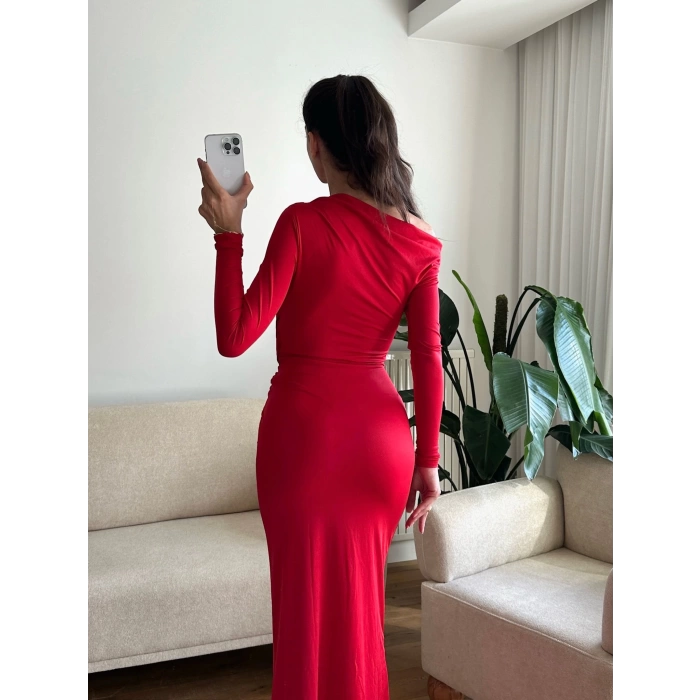 Bel Kruvaze Kayık Yaka Elbise - KIRMIZI