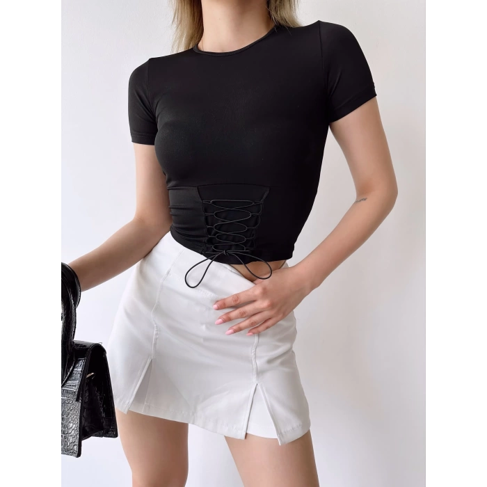 Bel Lastik Bağlamalı Crop-SİYAH