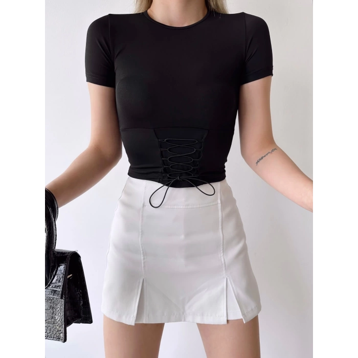 Bel Lastik Bağlamalı Crop-SİYAH