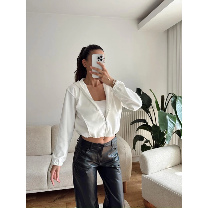 Bel Lastik Crop Hırka - BEYAZ