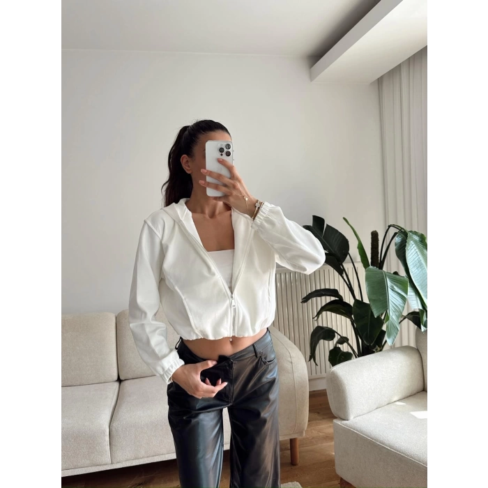 Bel Lastik Crop Hırka - BEYAZ