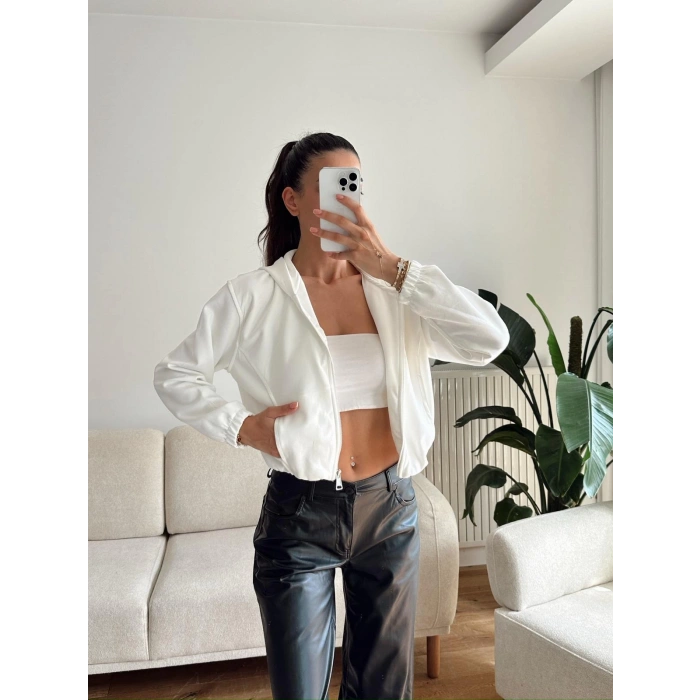 Bel Lastik Crop Hırka - BEYAZ