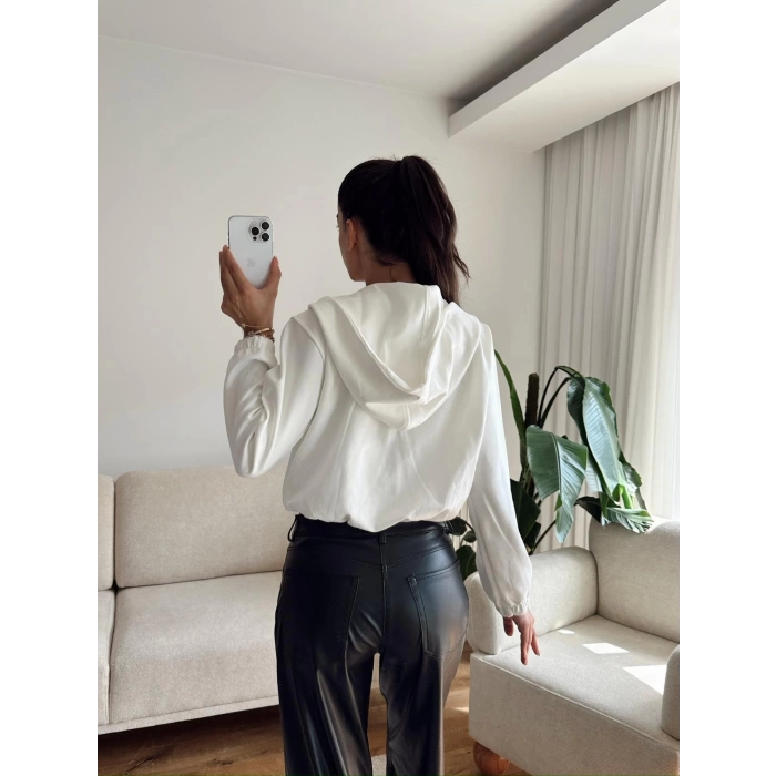 Bel Lastik Crop Hırka - BEYAZ