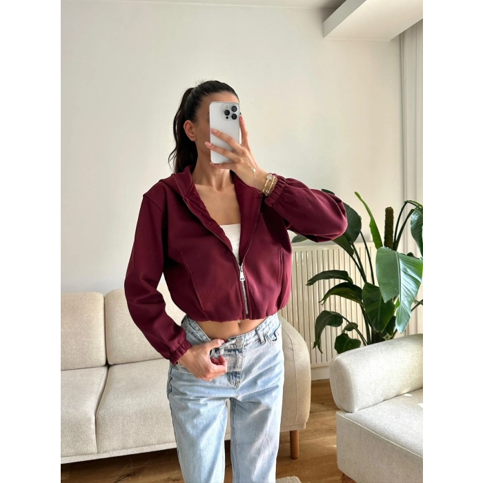 Bel Lastik Crop Hırka - BORDO