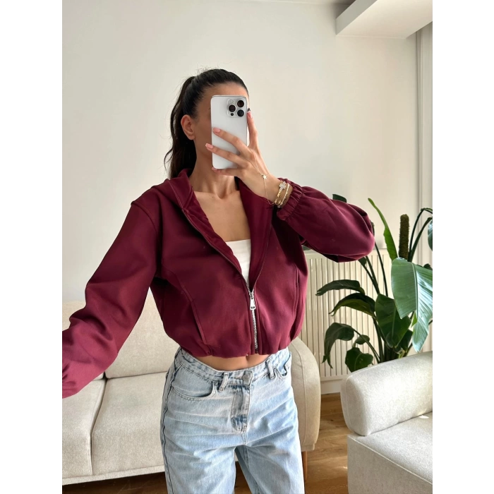 Bel Lastik Crop Hırka - BORDO