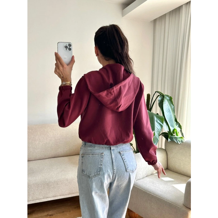 Bel Lastik Crop Hırka - BORDO