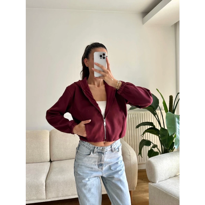 Bel Lastik Crop Hırka - BORDO