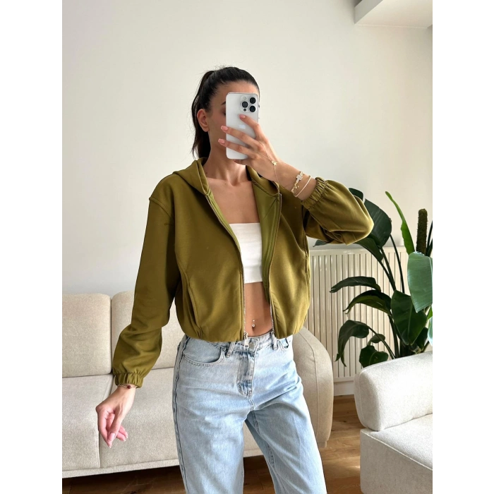 Bel Lastik Crop Hırka - HAKİ