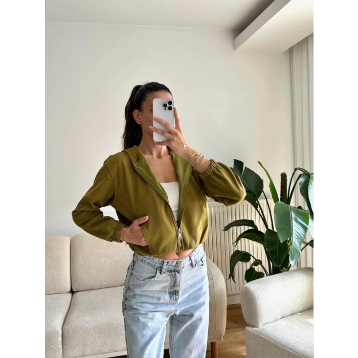 Bel Lastik Crop Hırka - HAKİ