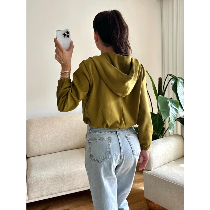 Bel Lastik Crop Hırka - HAKİ