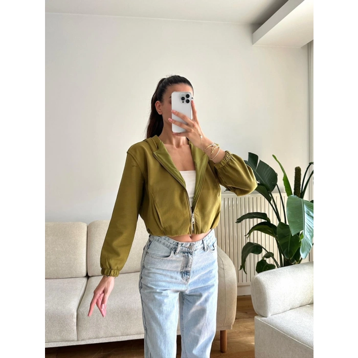 Bel Lastik Crop Hırka - HAKİ