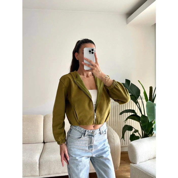 Bel Lastik Crop Hırka - HAKİ
