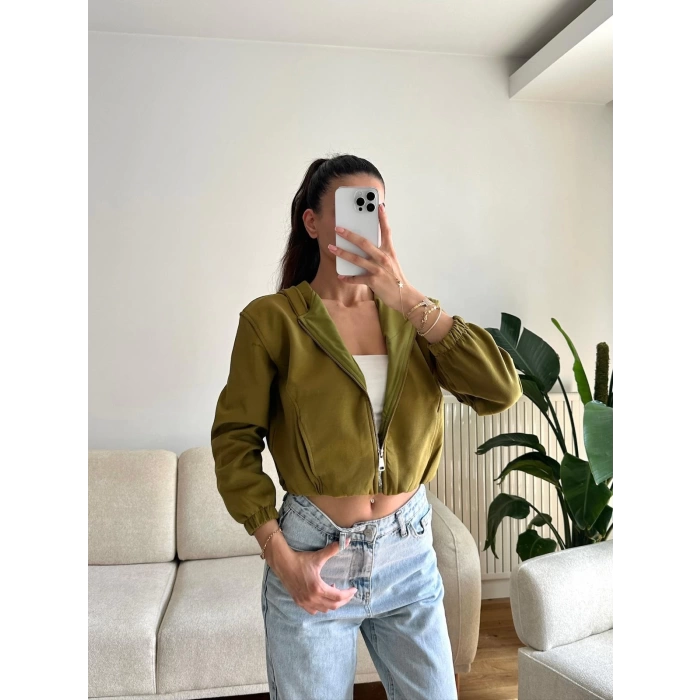 Bel Lastik Crop Hırka - HAKİ