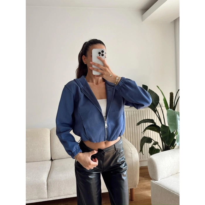 Bel Lastik Crop Hırka - İNDİGO